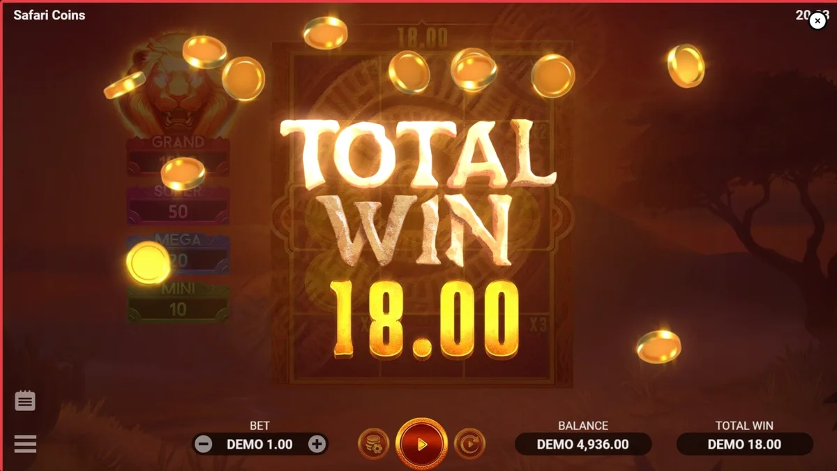 Pemandangan padang sabana Afrika dengan simbol koin emas dan singa dalam permainan Safari Coins