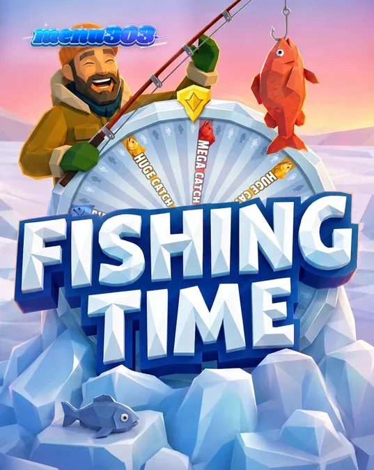 Tampilan visual permainan Fishing Time dengan latar danau beku dan roda keberuntungan